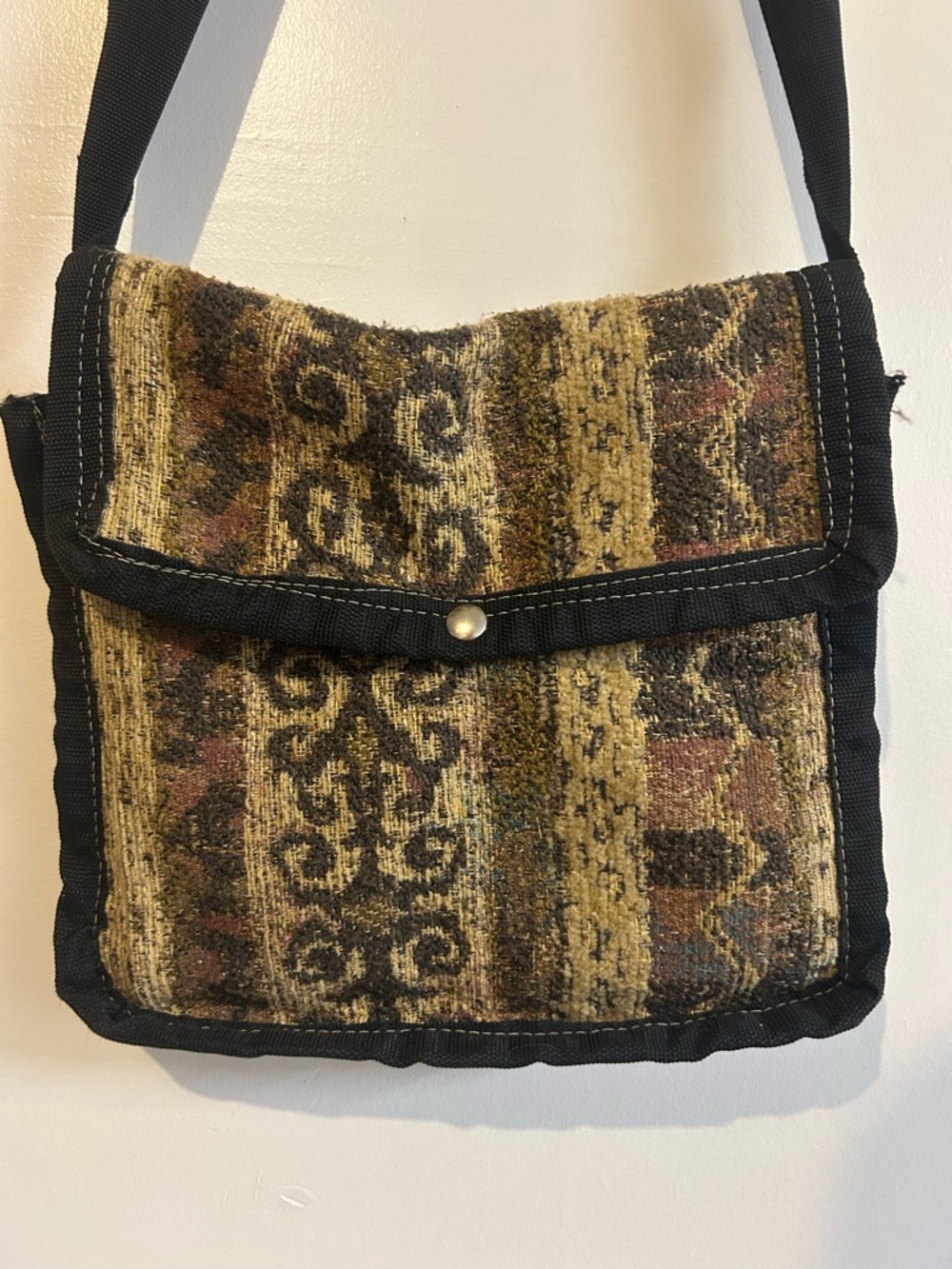 Handmade Woven Tapestry Crossbody Bag - Black Trim, Multicolor Pattern